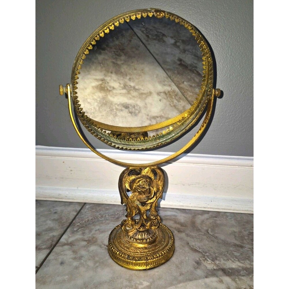 Vintage Art Nouveau Style Brass Vanity Mirror Tabletop Swivel Rose Pedestal Gold